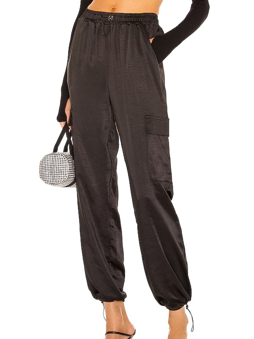 superdown Black Satin Cargo Jogger Pants